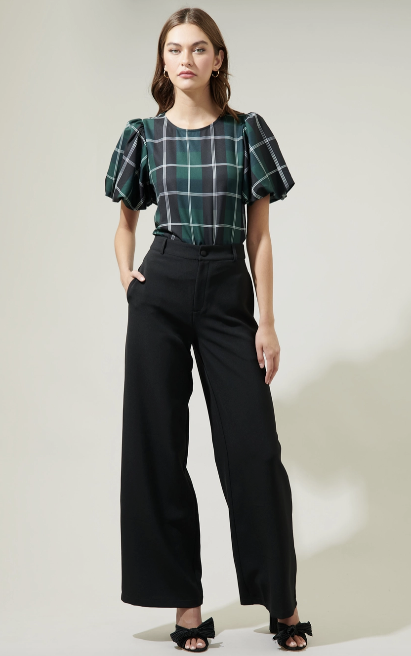 Plaid Puff Sleeve Blouse -Emerald — Yellow BoutiqueNew